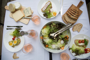 salad, cheese, bread and wine overhead