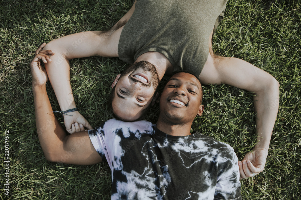 Wall mural Gay couple relaxing in the grass