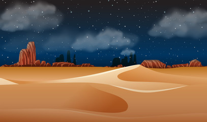 A desert landscape at night