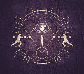 Fototapeta na wymiar Mystery, witchcraft, occult and alchemy tattoo sign. Mystical vintage gothic geometry thin lines symbol with silhouettes of a men and woman holding eye