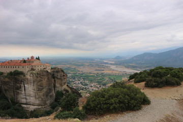 View to the monastery of Saint Stephen and surrounding landscape, Meteora, Thessaly, Greece