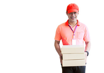 happy asia young delivery man in red cap standing with parcel post box isolated