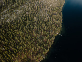 Naklejka na ściany i meble Aerial Top Down Drone Lake Tahoe Forest Sky Sea Mountains California