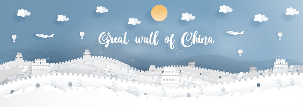 Panorama Postcard Of World Famous Landmarks Of Great Wall Of China In Paper Cut Style Vector Illustration