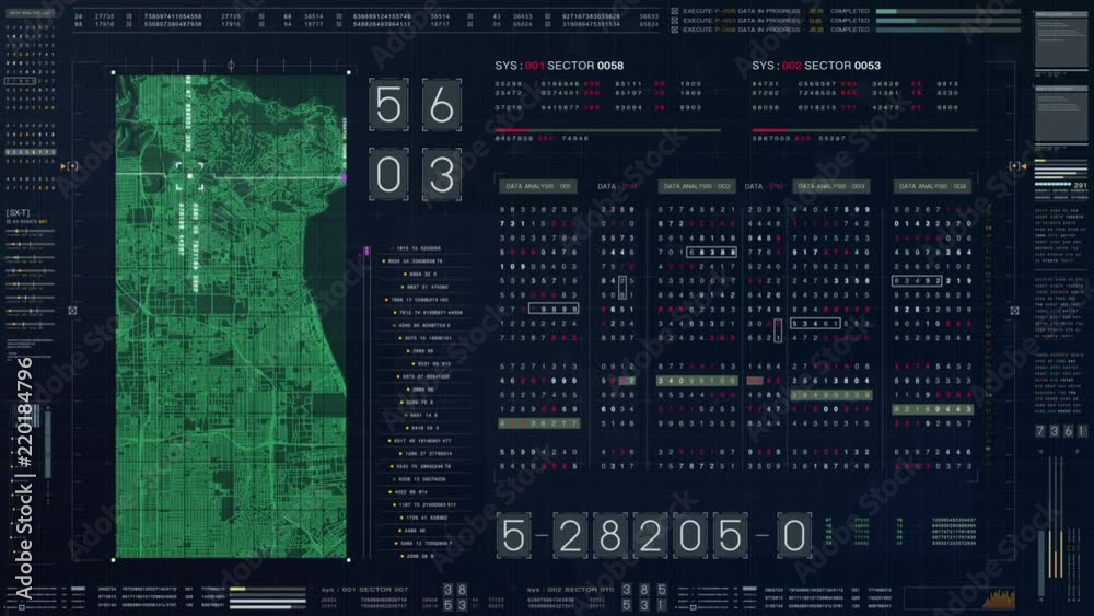 Poster Abstract running numbers code hacking source code and map digital data holographic city buildings and information technology animation for head up display and user interface background