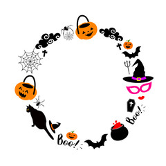 Halloween elements in circle shape. Illustration isolated on white background. For poster, banner, greeting card, invitation.