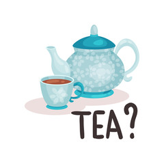 Blue porcelain teapot and cup with fresh tea. Traditional British beverage. Isolated flat vector design
