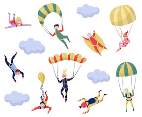 Flat vector set of professional skydivers. Extreme sport. Young wingsuit jumper. Active recreation. Skydiving theme