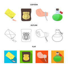 The detective s badge, the handcuff on the criminal s hand, the stump of the finger in the bag, the flask with the poison. Crime and detective set collection icons in cartoon,outline,flat style vector
