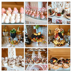 Wedding variety dessert sweet muffins, cakes with tasty buffet color decorated with whipped cream, candy bar, buffet, catering food wedding