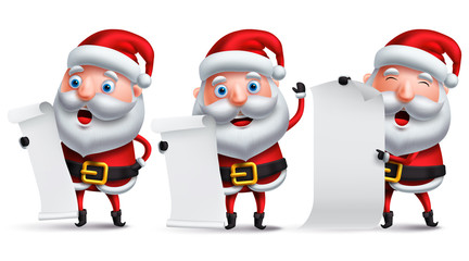 Santa claus vector character set holding blank white paper of christmas wish list and gifts with happy facial expressions and postures for christmas elements. Vector illustration.

