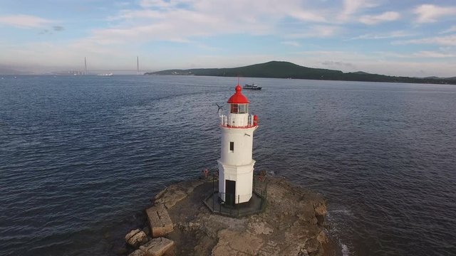 Aerial summer view of the Tokarevskiy lighthouse - one of the oldest lighthouses in the Far East