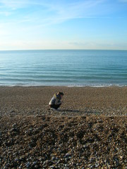 Girl picking pebbles on beach