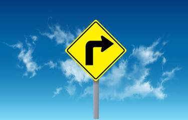 Turn right traffic sign on sky