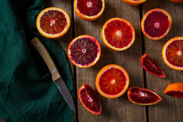 blood orange on wooden surface