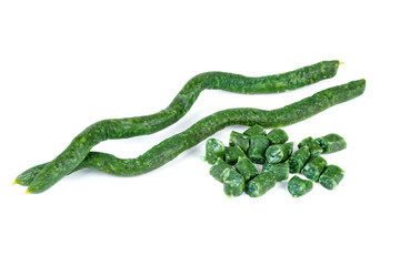 Some vasabi stick-sausages on a white background