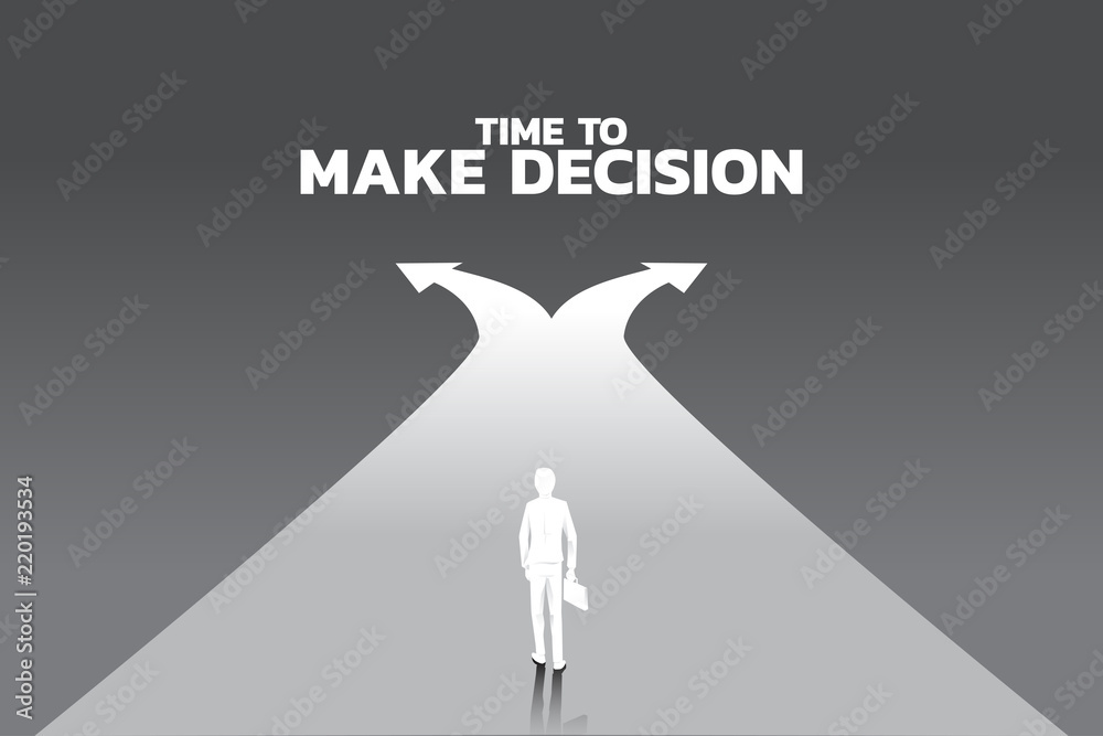 Poster silhouette of businessman with briefcase step forward to crossroad. concept of time to make decision