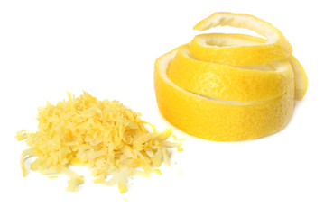 fresh lemon peel and lemon zest isolated on white background. healthy food