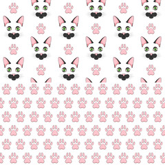 Set of seamless patterns with black cat face and paw prints. Colored vector backgrounds on a white background.
