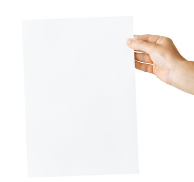 hand holding blank paper isolated