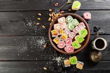 Turkish delight on a wooden table.
