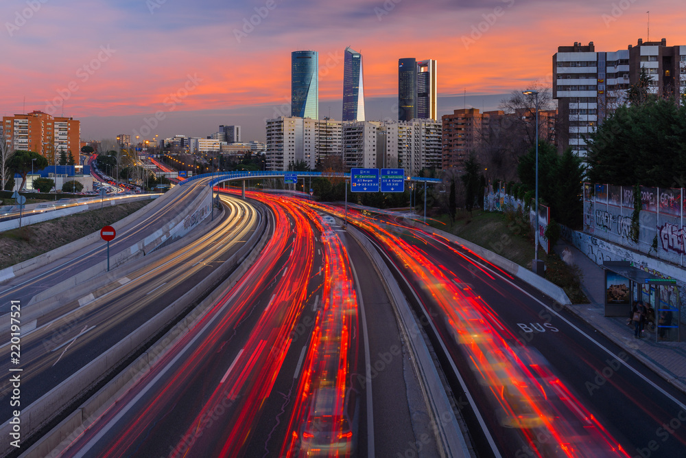 Wall mural M30 highway with Madrid skyline (Four towers business area) as background, Spain