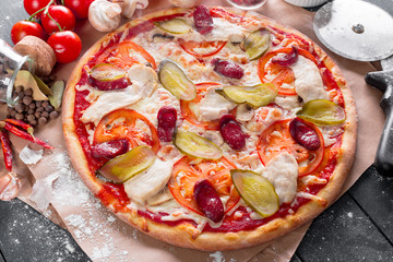 Top view of fresh baked pizza