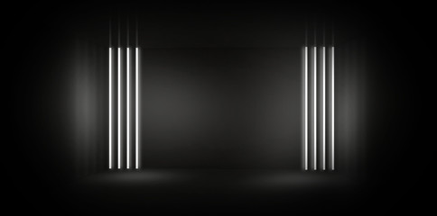 Background of an empty room at night with smoke and neon light. Dark abstract background. Background of an empty show scene. 3D rendering