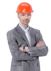 portrait of confident engineer in orange helmet.