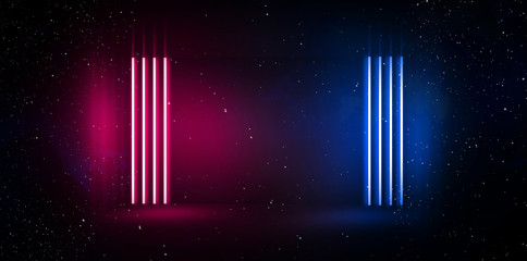 Background of an empty room at night with smoke and neon light. Dark abstract background. Background of an empty show scene. 3D rendering