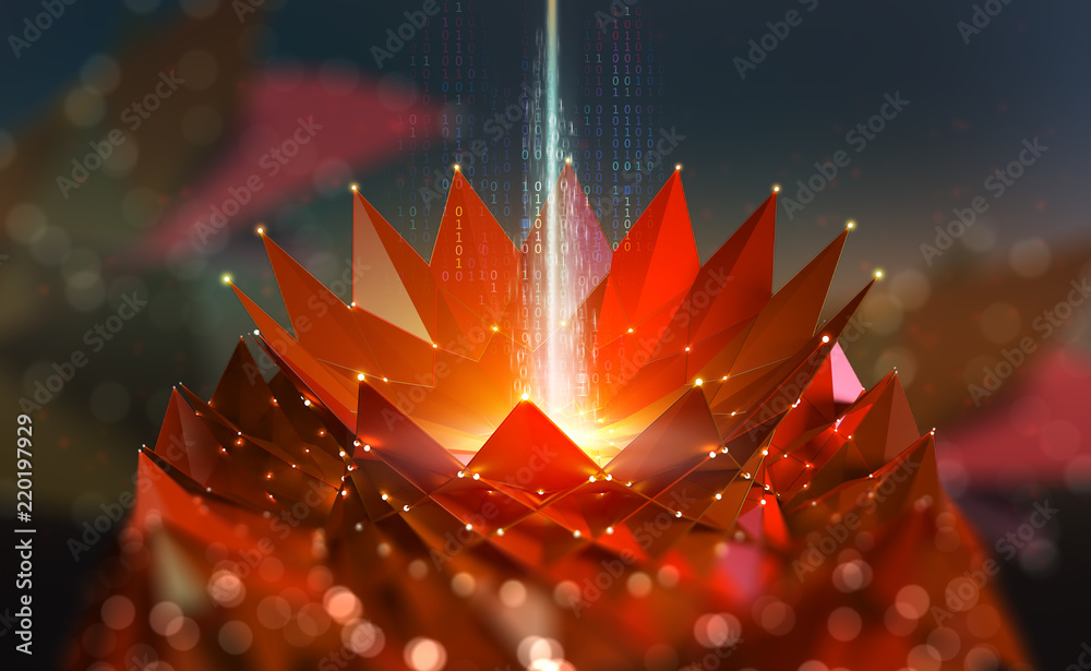 Aufkleber Artificial intelligence. Information flows in the digital brain. Flower mind. Abstract, colorful 3d illustration