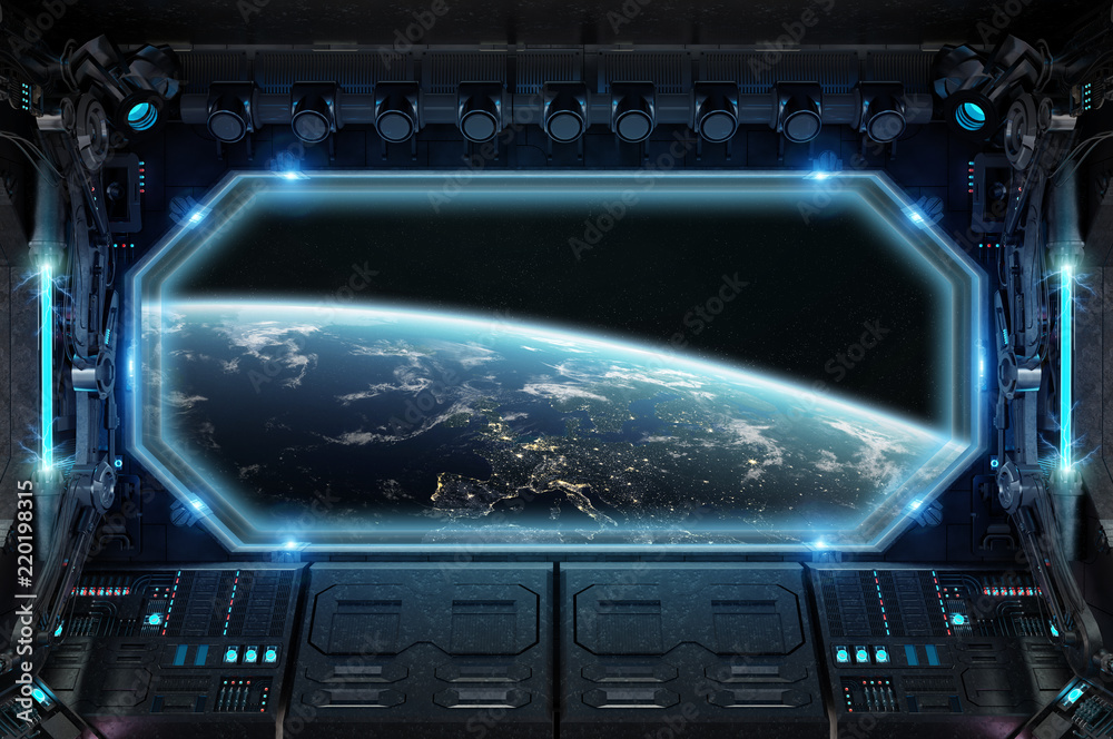Poster Dark spaceship interior with large window view 3D rendering