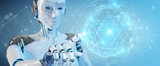 White robot woman using digital sphere connection hologram 3D rendering