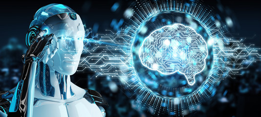 White humanoid using digital artificial intelligence icon hologram 3D rendering