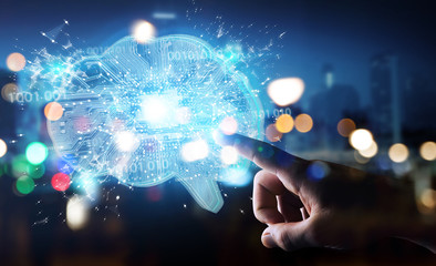 Businessman creating artificial intelligence in a digital brain 3D rendering