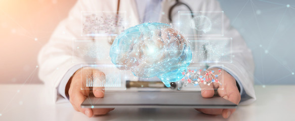Doctor using digital brain scan hologram 3D rendering