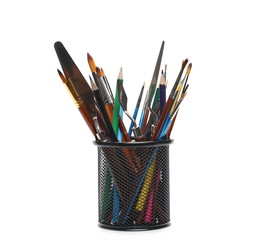Full black metal paintbrush and pencil holder, container, isolated on white background