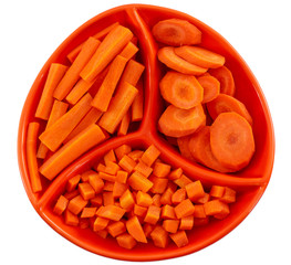 Sliced carrots in orange color serving plate isolated on white background