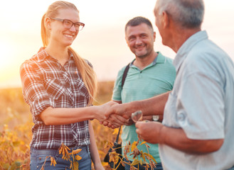 Handshake for deal, group of farmers standing in a field examining soybean crop before harvesting.