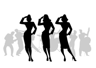 Naklejka premium Silhouettes of three army girls in retro style singing, doing military salute. Swing big band on the background