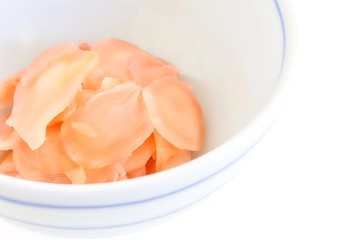 Sliced Pickled Young Ginger In Japanese Porcelain Bowl On White Background