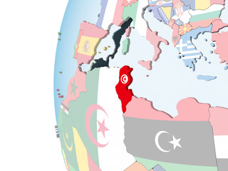 Tunisia with flag on globe
