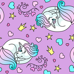 Fototapeta premium Sleeping little unicorn seamless pattern lilac