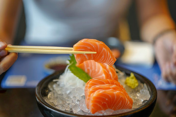 Sashimi salmon set, raw fish, japanese food, Selective focus