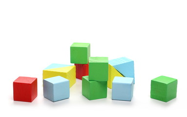 Wooden building blocks for children, isolated on white background 
