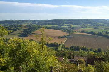 Extensive views over the River Lot and surrounding Agenais countryside from the hilltop church of Notre-Dame de Peyragude in Penne d'Agenais, Lot et Garonne, France.