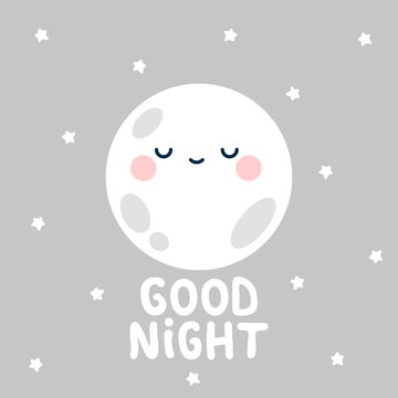 moon, stars with good night text. White handmade phrase on the night background. vector handdrawn lettering banner design.