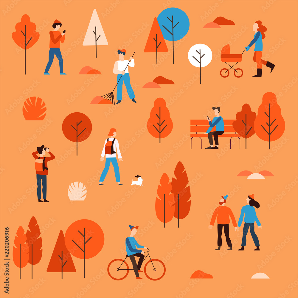 Poster vector illustration in flat simple linear style - people walking in the public autumn park