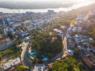Kiev (Kiyv) Ukraine Andriyivskyy Descent. Aerial view fron above. Historical center. Kiev's Places of Interest