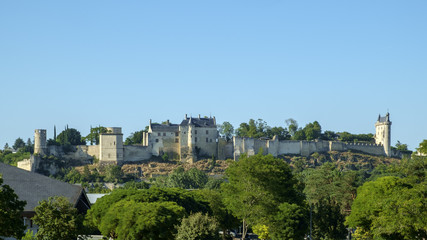 Fototapeta na wymiar The hilltop chateau at Chinon on a sunny summer evening in Indre-et-Loire, France